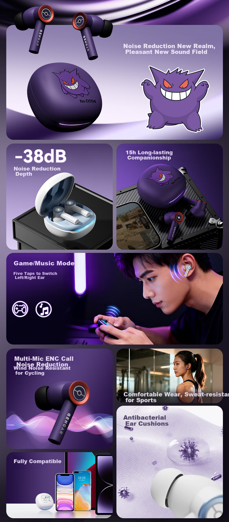 Chenfeng Pokémon Bluetooth In-Ear Wireless Earphones ANC Active Noise Cancelling Deep Bass Stereo Gaming Mode Music Earphones Long Battery Life Birthday Gift PM19 Vulpix 2