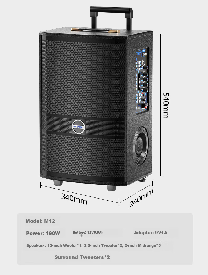 HYUNDAI 12-inch High-Power Square Dance Speaker Portable Trolley Outdoor Bluetooth Stage Speaker with Microphone for Karaoke Performance and Hosting 17