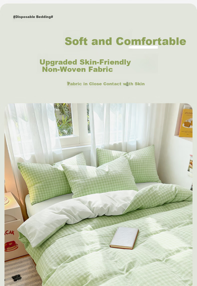 Qihaiqiu Disposable 3-Piece Single Thickened Pillowcase Duvet Cover Bed Sheet Travel Hotel Hygiene Portable Light Green Plaid 4