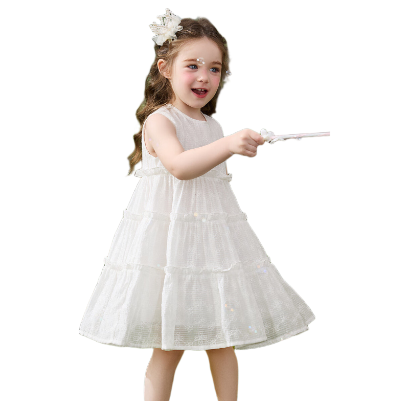 ASK JUNIOR Girls' Dress 2026 Summer Children's Lightweight Breathable Sleeveless Cake Dress Casual Princess Dress White 130