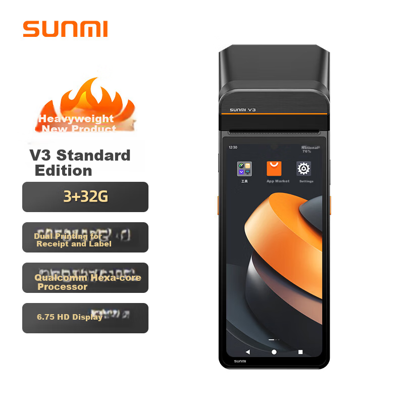Sunmi V3 Standard Edition Handheld POS Terminal Takeout Order Mobile Ordering Payment Queue Number Retail Management Receipt and Label Dual Printing