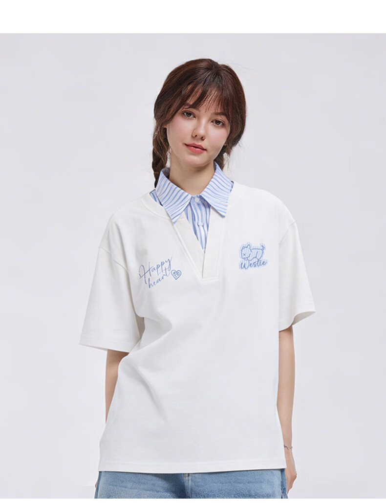 Charles Heart Contrast Collar Couple Pure Cotton Short Sleeve Polo Shirt with Playful Puppy Print Unisex Off-White XS 15