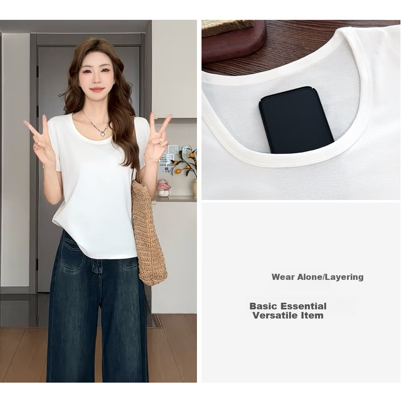 Ziyouxi Women's Cotton Short Sleeve T-Shirt 2025 New Pink U-Neck Loose Summer Casual Solid Color Relaxed Fit 15