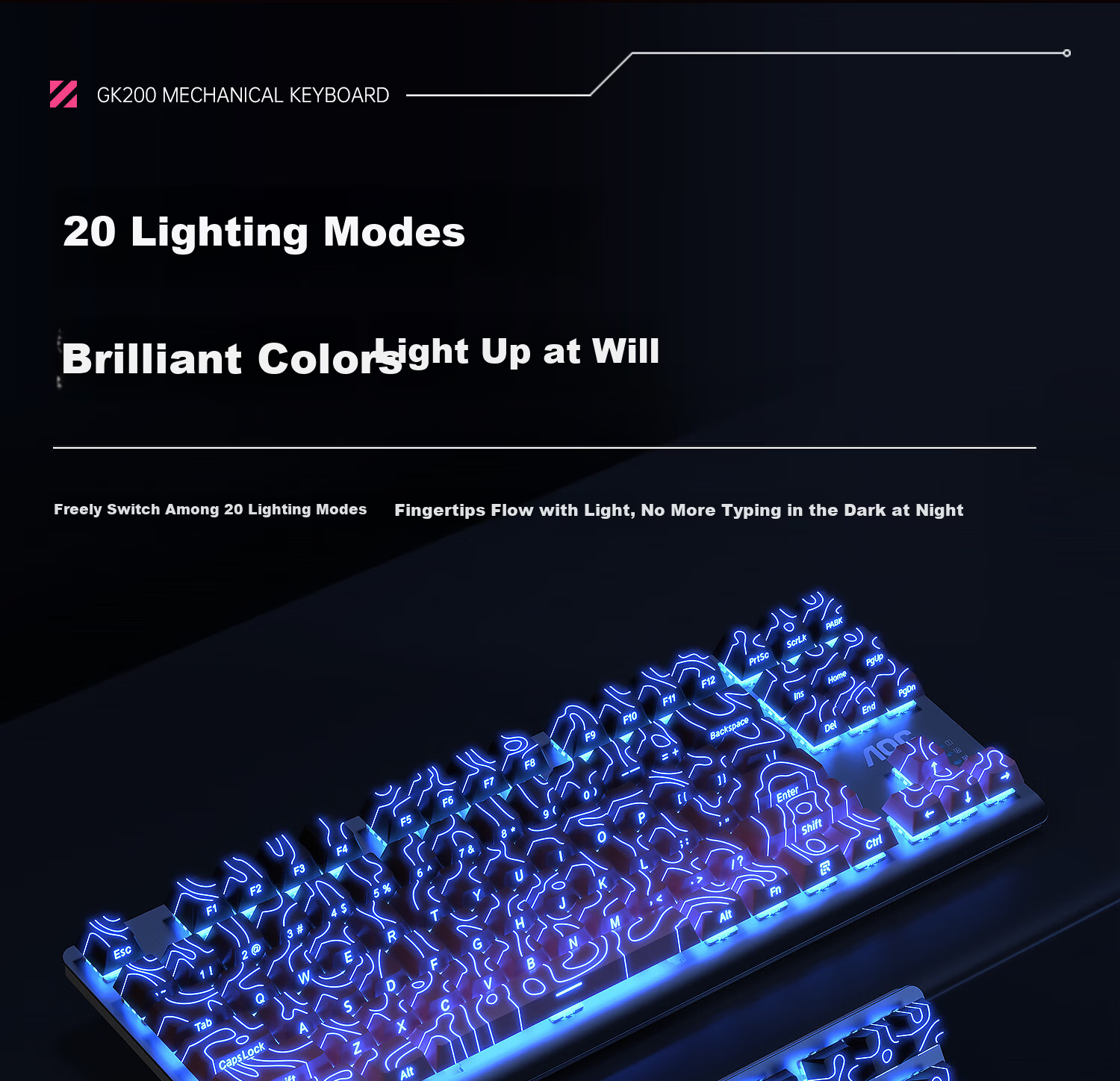 AOC GK200 Mechanical Keyboard Contour Side-Printed Wired Gaming Keyboard Hot-Swappable RGB Backlit 87-Key Anti-Ghosting Blackberry Pink Tea Switch 5