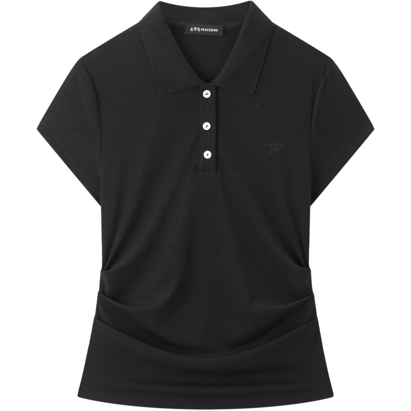 Peacebird Women's T-Shirt High-Intelligence Commuting Polo Collar Short Sleeve Spring Waist Pleated Design Black S
