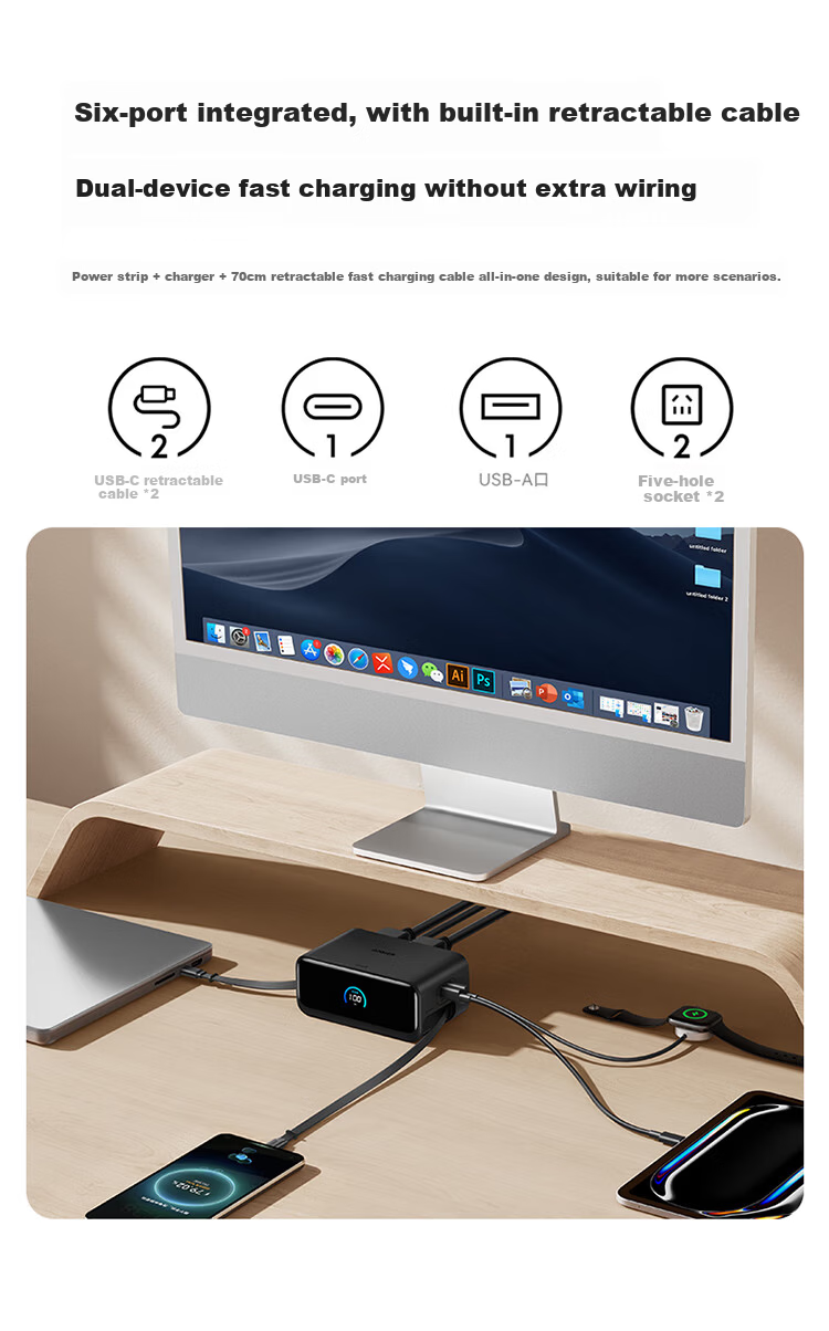 ANKER 100W Desktop Charging Station Mix with Retractable Data Cable GaN Type-C Charger Compatible with Huawei 66W Fast Charge Apple iPhone 17 iPhone 16 Black 3