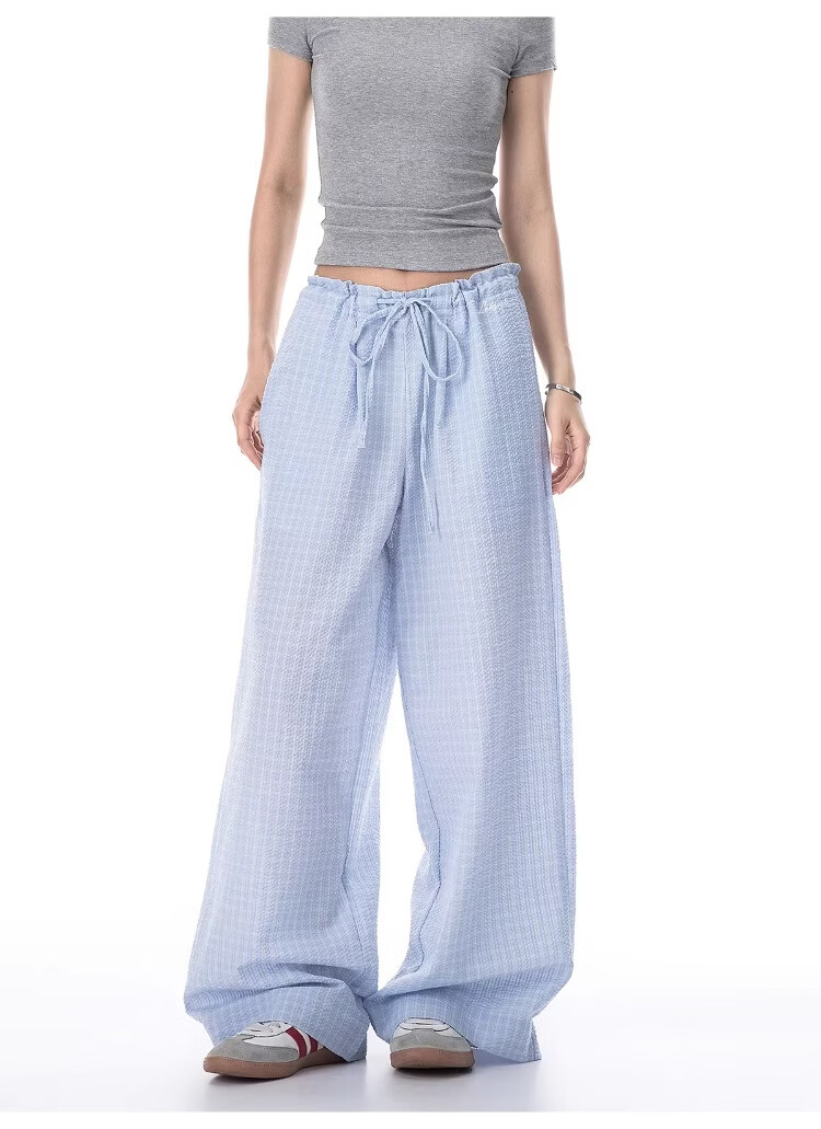 ICH MODE Women's American Style Plaid Summer Loose Wide-Leg Straight-Leg Sports Casual Pants Black XL 5