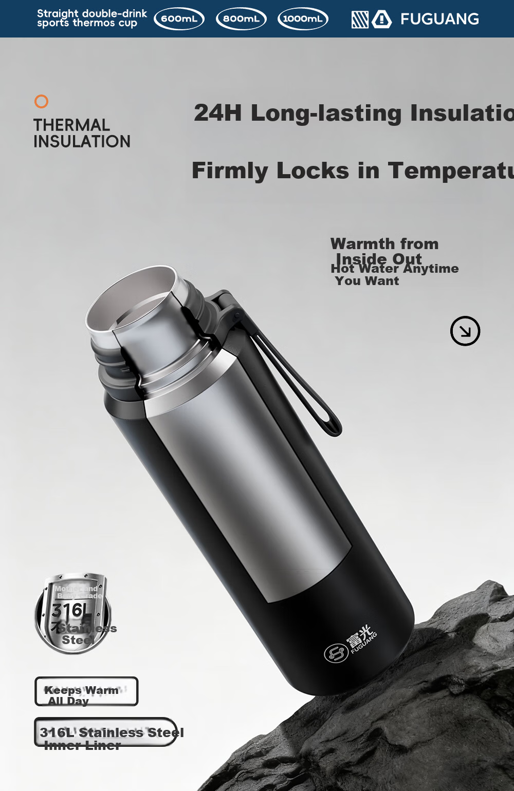 Fuguang Large Capacity Insulated Bottle 316L Stainless Steel Full Steel Lid Water Bottle Men Women Tea Separation Brewing Cup Student Cup 5