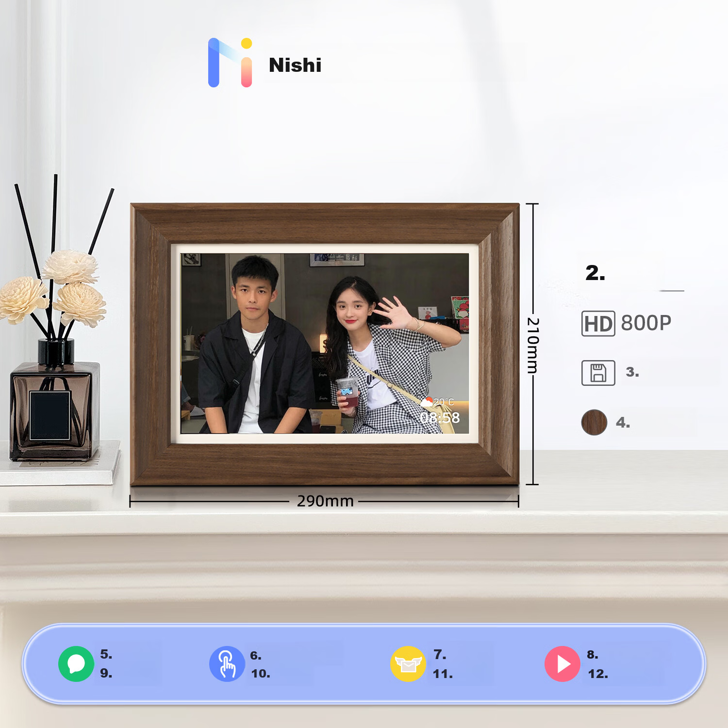 Nishi 10.1-inch Walnut Digital Photo Frame Smart Cloud Album HD Touchscreen Display Player Desktop Picture Frame Housewarming Wedding Engagement Elder Birthday Gift