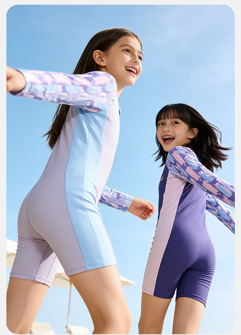 LI-NING Youth Girls' One-Piece Long Sleeve Surfing Swimsuit Five-Point Professional Training Swimwear 1341 Blue Purple Size 160 9