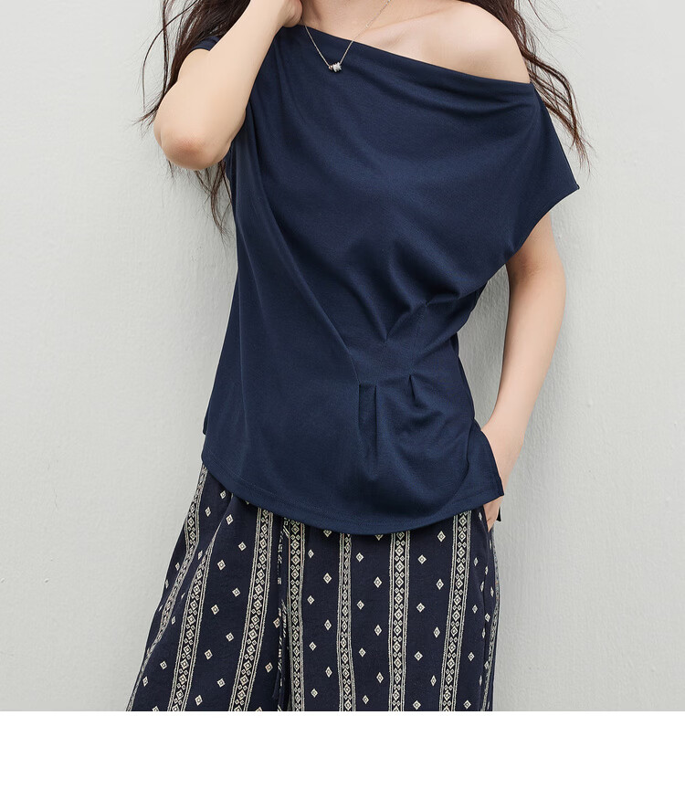 Shangdu Bila Lenzing Tencel Casual T-Shirt for Women Spring Summer Design Off-Shoulder Slimming Pleated Knitwear 9