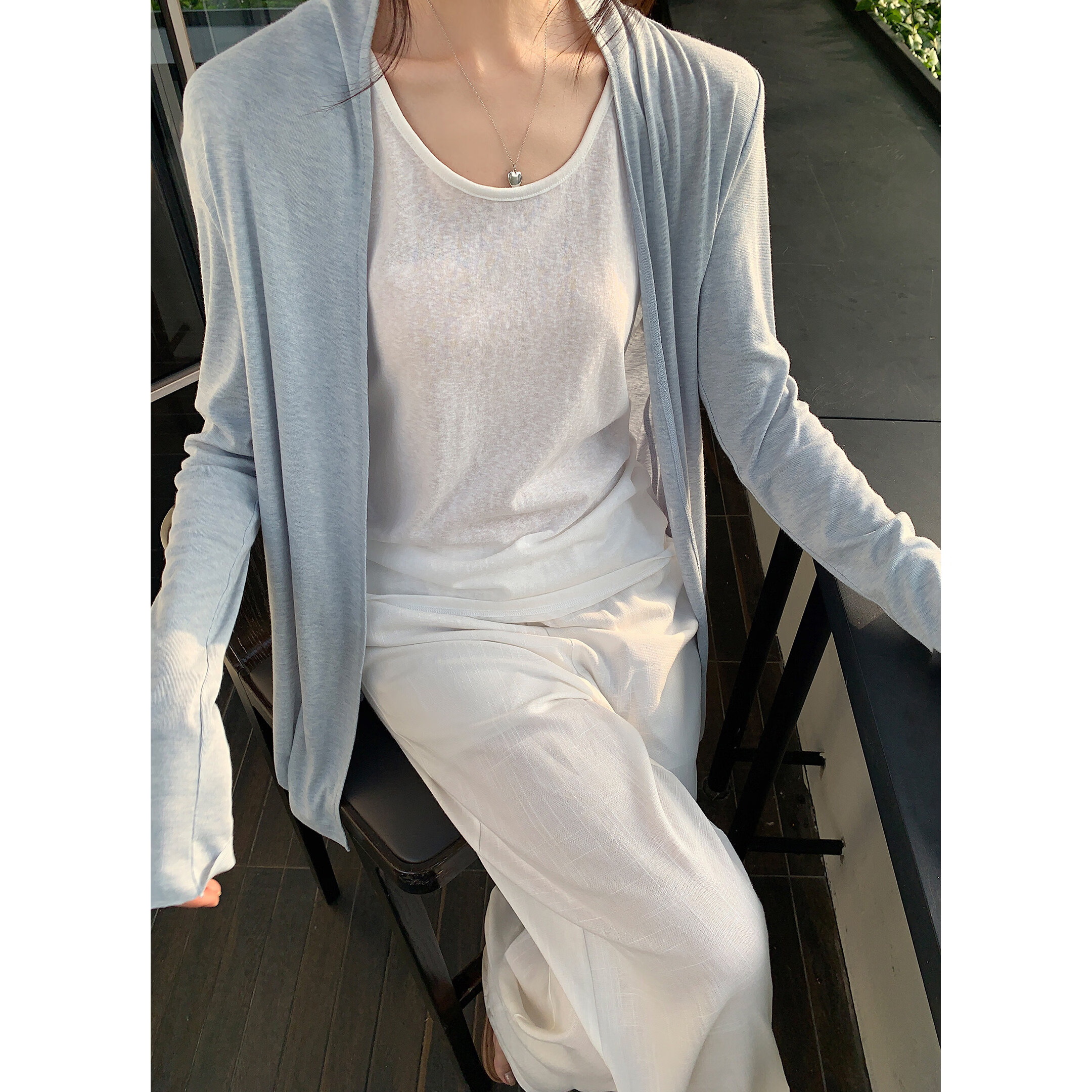 ICH MODE "Lazy Mode" Vest Set Summer Physical Sun Protection Long Sleeve T-Shirt Thin Jacket Air Conditioning Shirt Blue S
