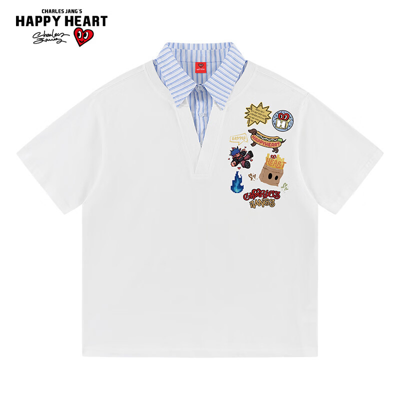 Charles Peach Heart Summer Fake Two-Piece Fun Badge Print Couple Pure Cotton Short Sleeve Polo Shirt Unisex Off-White XS