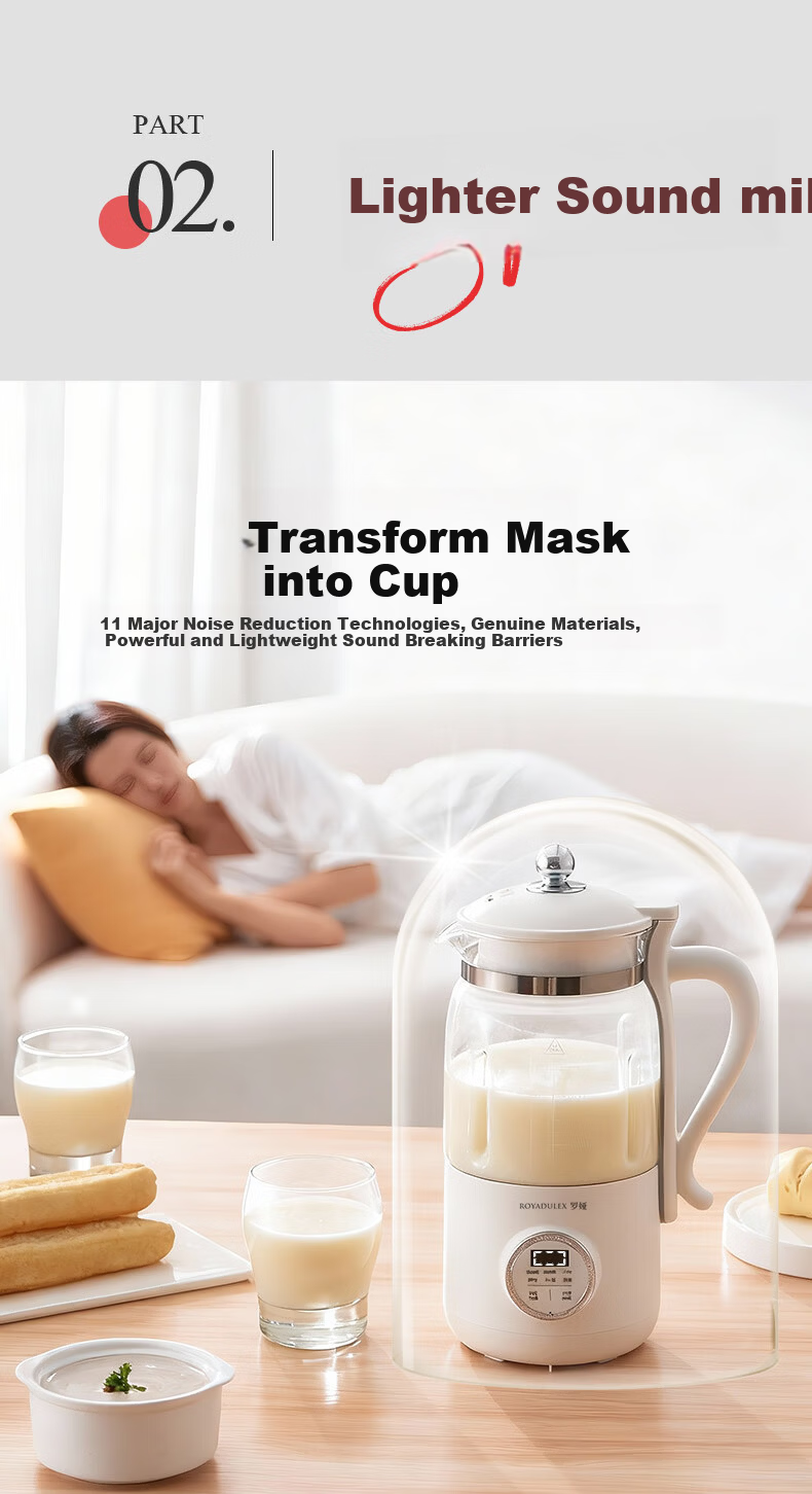 ROYALTY LINE 22-Blade Soy Milk Maker and Blender Titanium Coating 1L Fully Automatic Noise-Reducing Multifunctional Food Processor for 2-4 People White 8