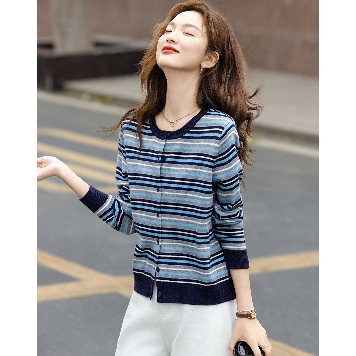 Demana Vintage Overture Autumn College Style Crew Neck Striped Colorblock Slimming Knit Cardigan for Women High-End Feel