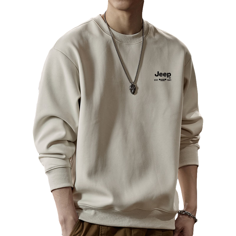JEEPJEEP Men's Autumn Winter Loose Fit Crew Neck Long Sleeve T-Shirt Base Layer Casual Trendy Top Apricot L