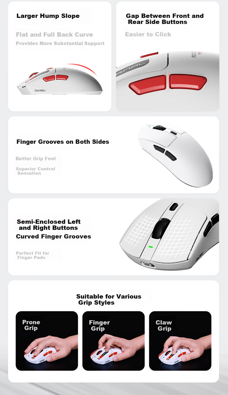 DAREU AE6V2 Wireless Mouse Gaming Office Bluetooth Mouse Wired/2.4G Connection Lightweight Ergonomic Symmetrical Mouse AIM-750U Racing White 11