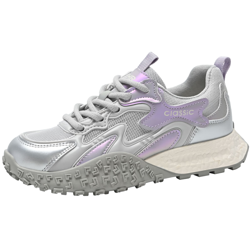 ZHR Women's Training Shoes New Mesh Breathable Sports Casual Shoes Thick Sole KS210EF Gray Purple Size 37