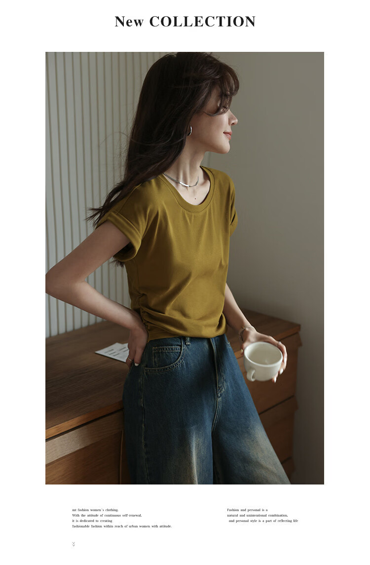 Mt [Simple Wardrobe] Summer Comfortable Soft Stretch Cotton-Spandex Crew Neck Rolled Edge Short Sleeve Casual Petite Women's T-Shirt 3