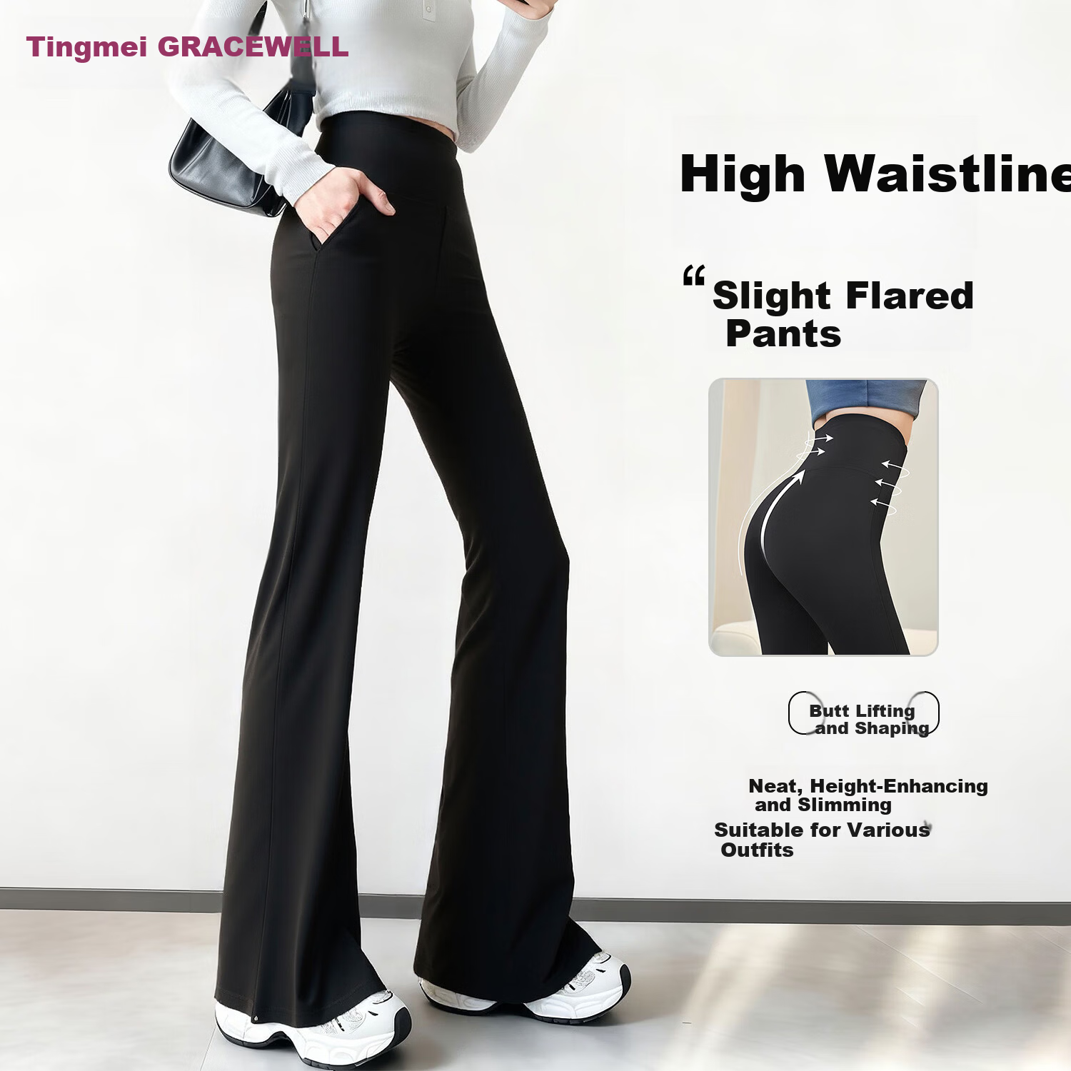 GRACEWELL Women's High-Waist Bootcut Yoga Pants Shaping Black Slim Fit Sharkskin Suit Trousers
