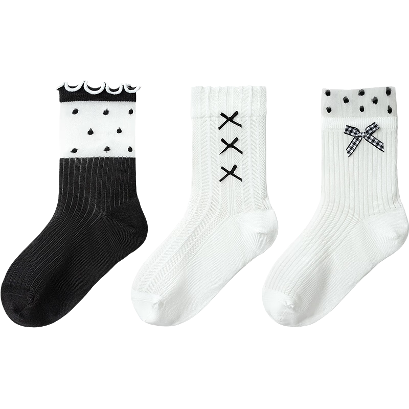 Balabala Kids Summer Mesh Socks Breathable Thin Girls Short Socks Sweet Bow Cotton Stretch 3 Pairs Set