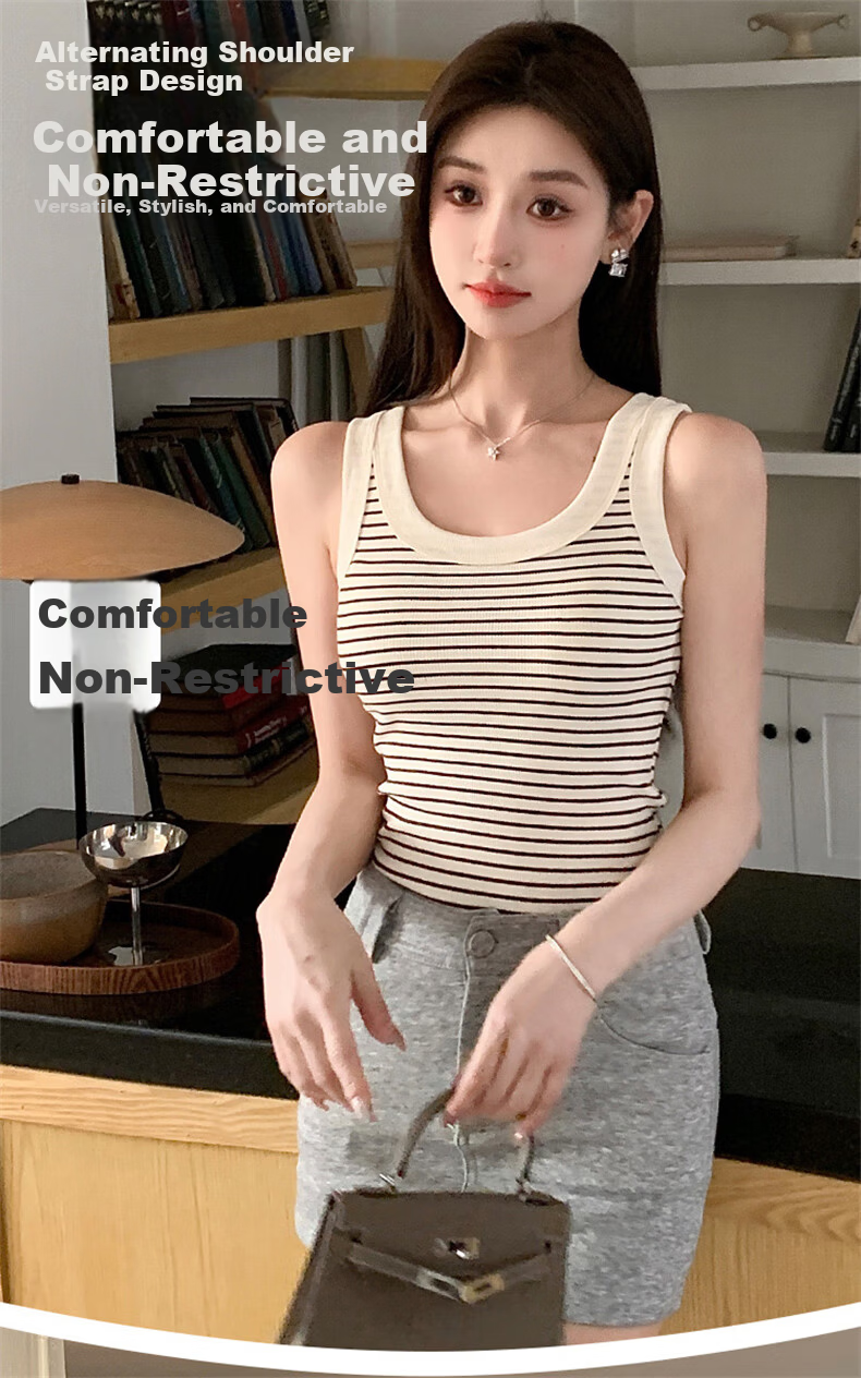 Langsha Women's Striped Slim Fit Vest New Sleeveless Knit U-Neck Tank Top Trendy Layering Shirt 5