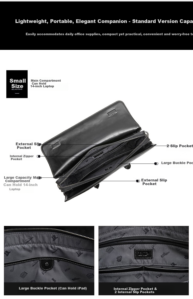 BVP Business Casual Leather Briefcase for Men Large Capacity Laptop Bag Shoulder Crossbody Bag 14