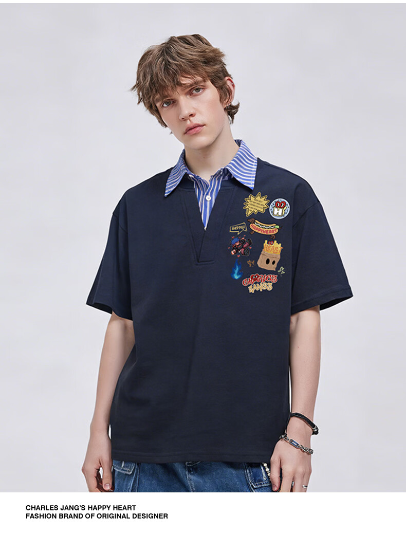 Charles Peach Heart Summer Fake Two-Piece Fun Badge Print Couple Pure Cotton Short Sleeve Polo Shirt Unisex Off-White XS 12