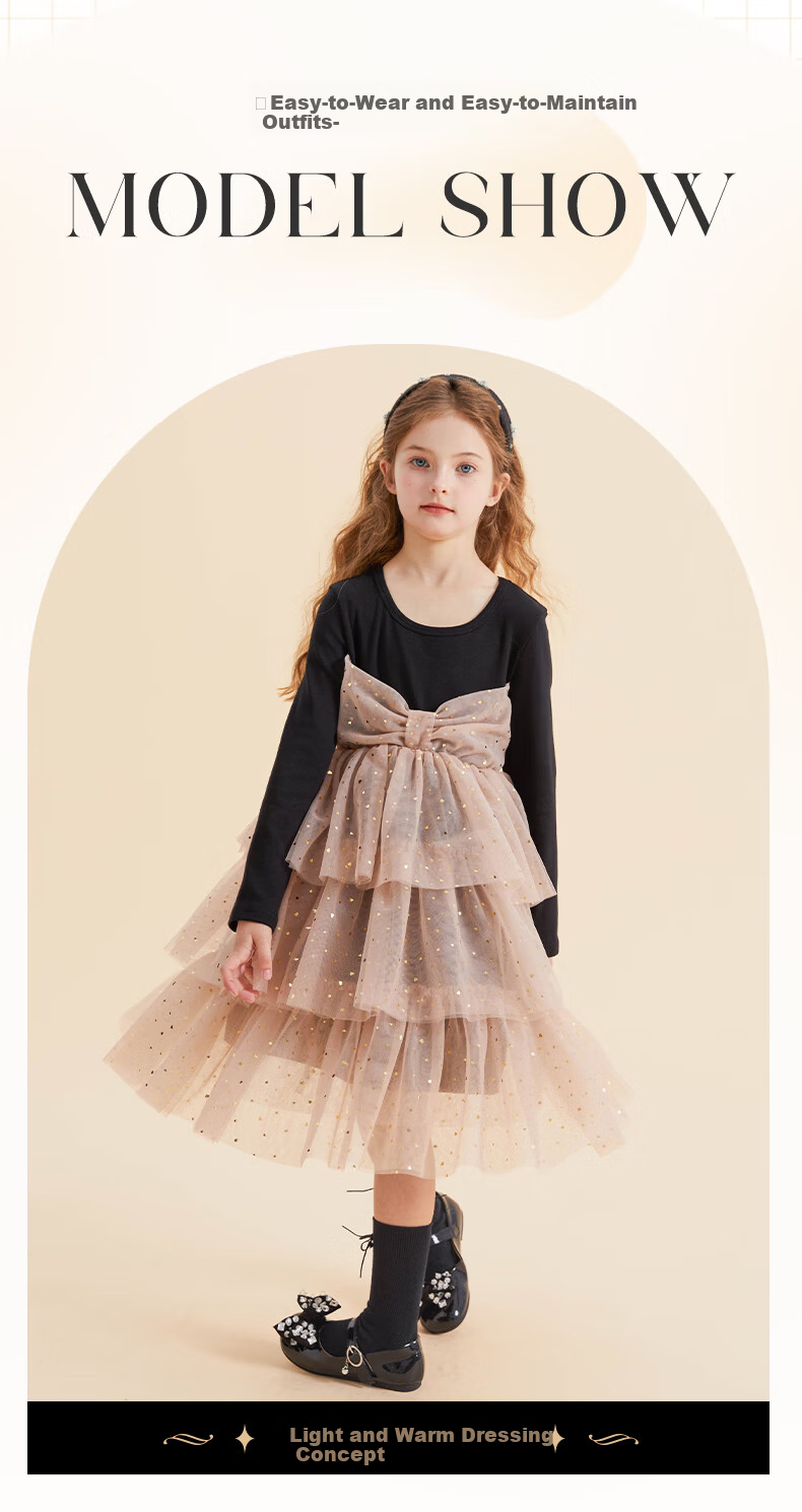 Fulomi Girls' Dress Children's Princess Dress Knitted Mesh Splice Skirt Black Apricot 120 7