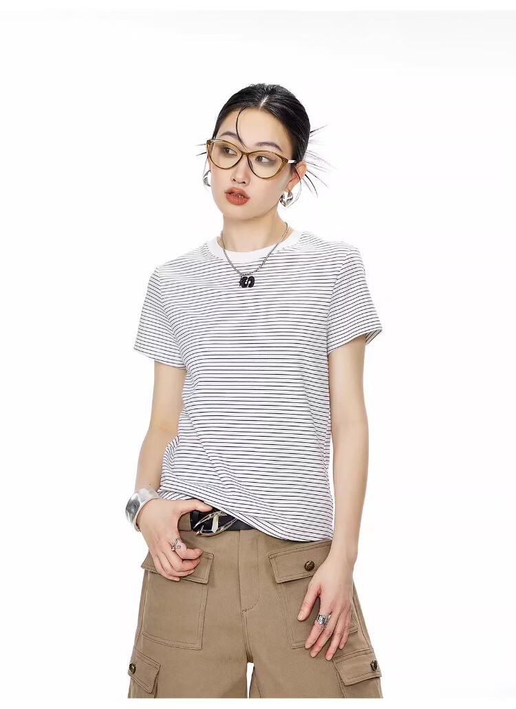 ICH MODE American Style Striped Slim Fit Short Sleeve T-Shirt for Women 2026 Summer New Hot Slim Shoulder Short Top White S 28