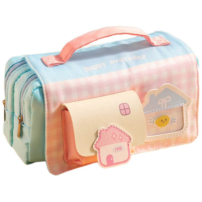 AMOR HOUR Pink Plaid Small House Pencil Case Large Capacity Handheld Stationery Bag for Middle School Girls High-Value Ins Style Multi-Layer Pencil Pouch Multifunctional Storage Bag Makeup Brush Organ