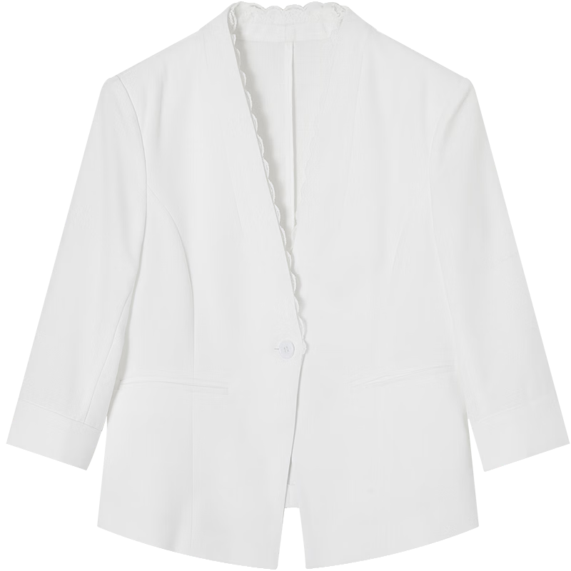 Demana [Light Business] Spring V-Neck Lace Single Button Three-Quarter Sleeve Double Piped Pocket Waist-Cinched Women's Blazer