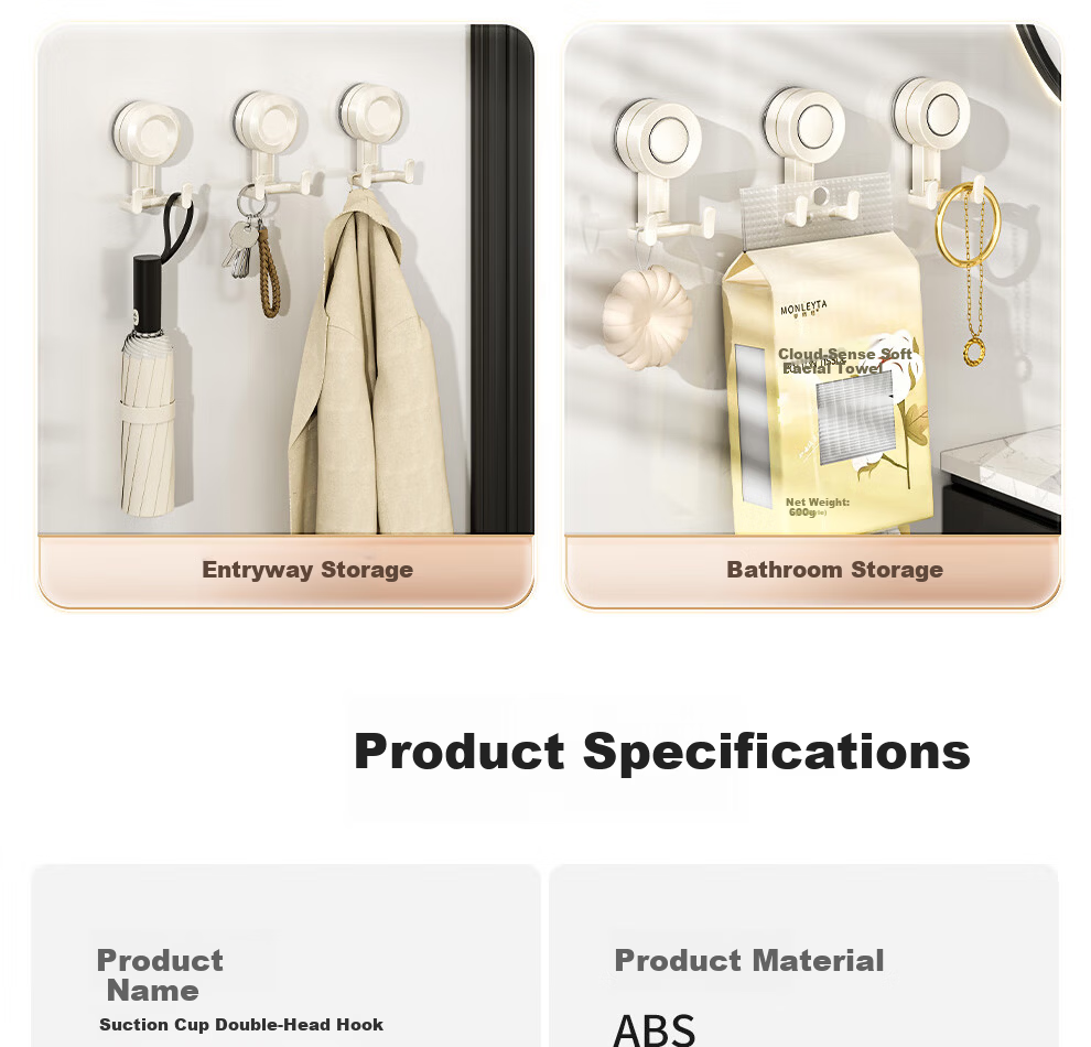 Jiabaili Suction Cup Kitchen Hook No Drilling Strong Load-Bearing Seamless Vacuum Double Hook for Door Bathroom Adhesive Hook Rack 19