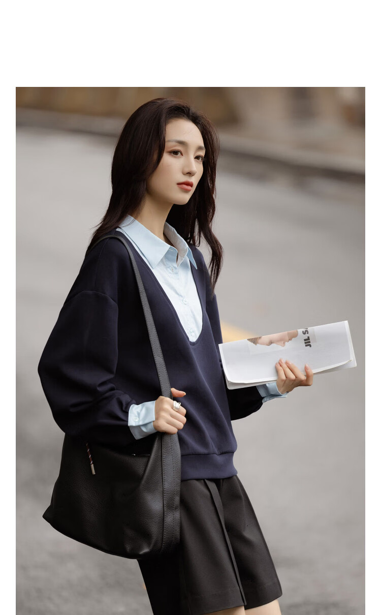 Demana [Smart Moment] Spring Cloud Cotton Patchwork Fake Two-Piece Drop Shoulder Petite Women's Sweatshirt 10