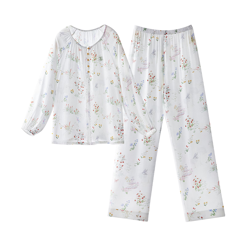 EMXEE Spring Summer Stretch Silk Linen Cotton Women's Pajamas Long Sleeve Homewear Set 2026 New Light Grass Mambo L