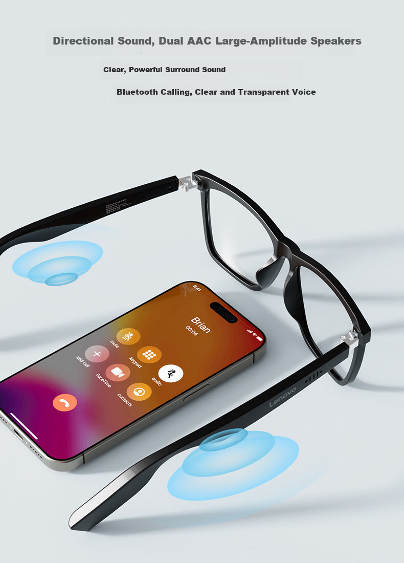 Lenovo Smart Bluetooth Glasses Wireless Music Earphones Bluetooth Noise-Cancelling Sports Glasses Blue Light Blocking Sunglasses Earphones for Apple GL1 Transparent 3
