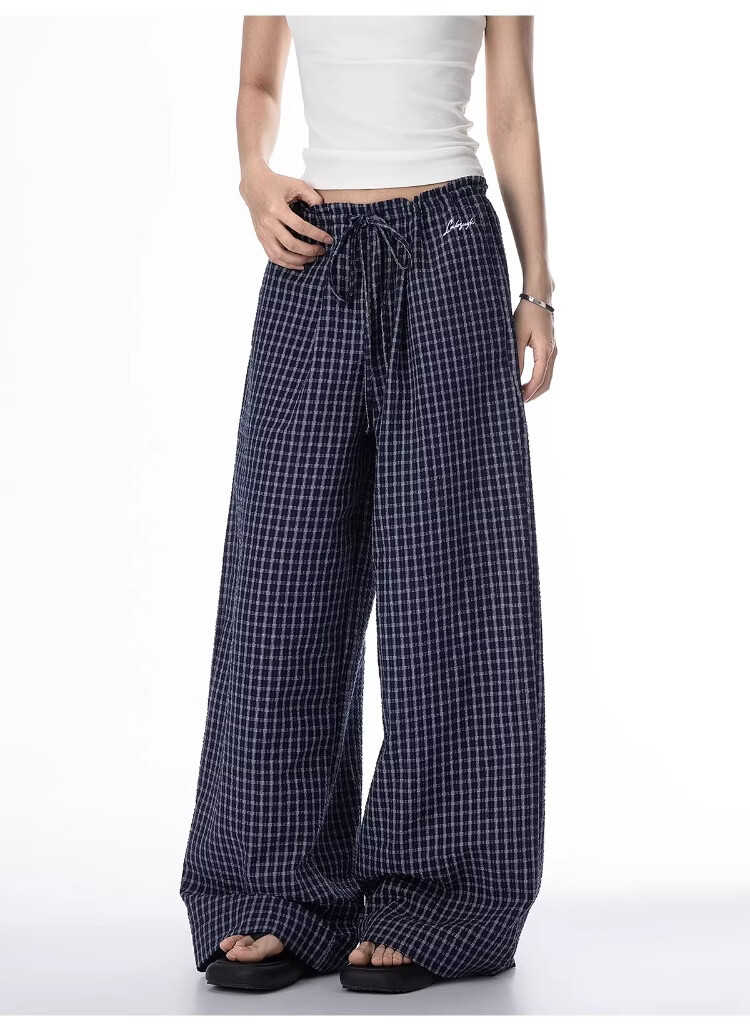 ICH MODE Women's American Style Plaid Summer Loose Wide-Leg Straight-Leg Sports Casual Pants Black XL 15