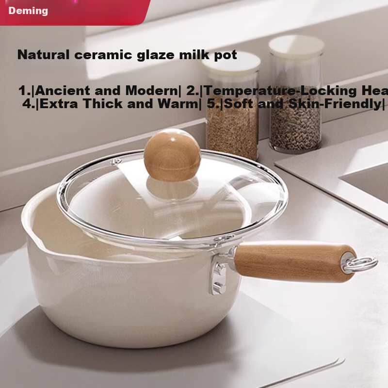 Deming Ceramic Small Milk Pot Baby Food Supplement Pot Infant Frying and Cooking Household Integrated Pot Instant Noodle Soup Pot Non-stick with Lid 16CM