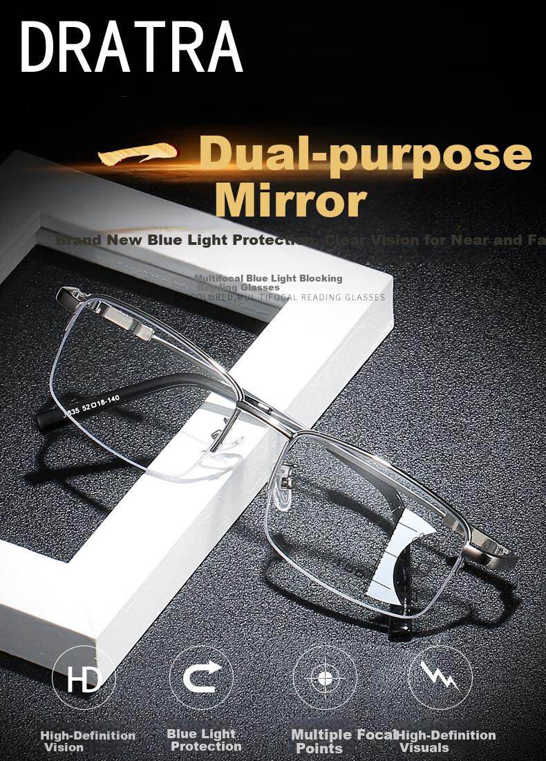 DRATRA HD Multifocal Progressive Blue Light Blocking Reading Glasses Semi-Rimless Ultra-Light Unisex Elderly Glasses for Near and Far Vision 1