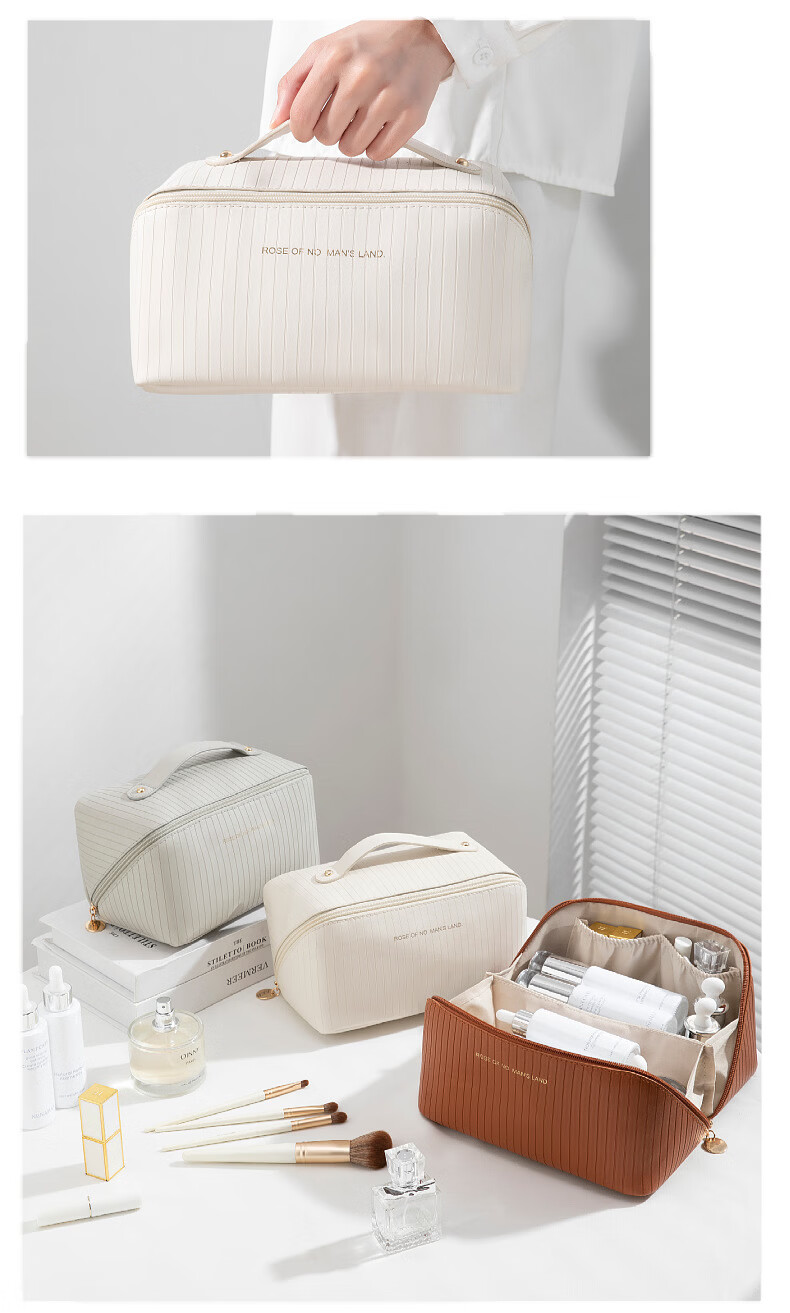 Qinxin Muyi New Vertical Stripe Pillow Cosmetic Bag Large Capacity Ins Popular Travel Makeup Storage Bag Toiletry Bag Gray 11