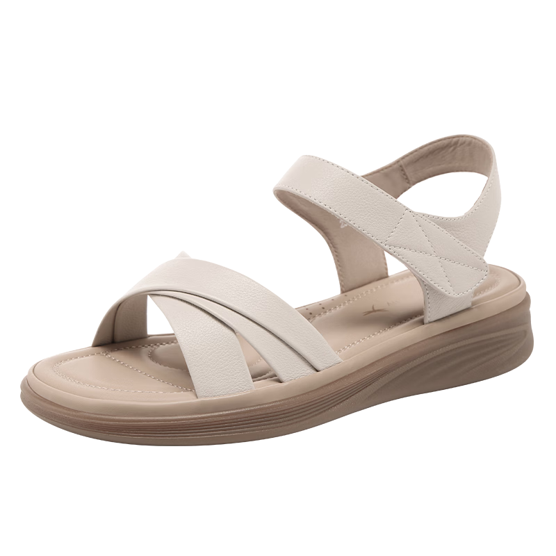 Red Dragonfly Women's Mom Sandals Magic Tape Cowhide Flat Soft Sole Beach Shoes WTK265722 Off-White Size 38