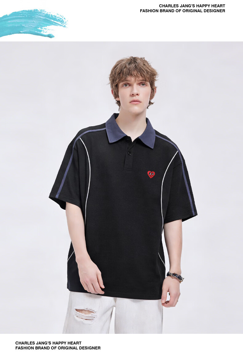 Charles Heart Summer Business Casual Patchwork Short Sleeve Polo Shirt Unisex Pure Cotton Versatile Couple Light Heather Gray M 14