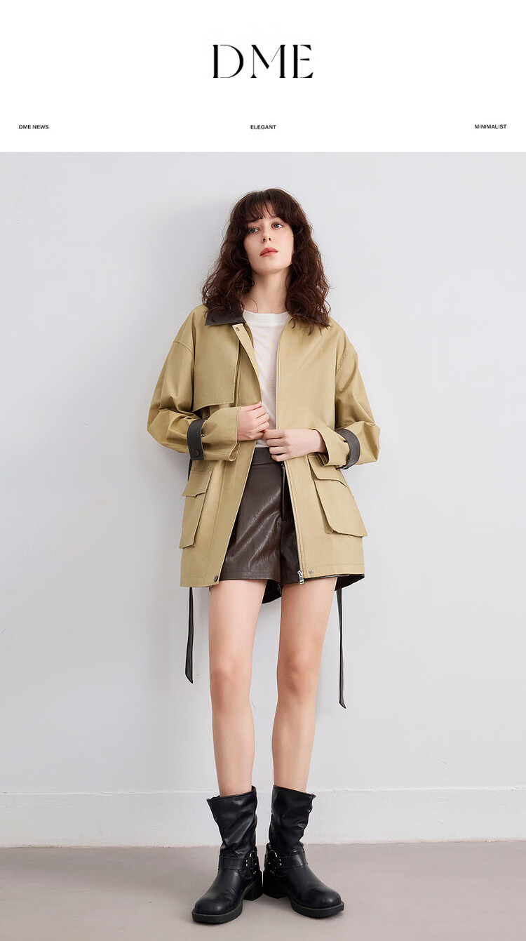 Demana Pure Cotton Barn Style Autumn Color-Block Lapel Splicing PU Patch Pocket Loose Slim Fit Women's Jacket Premium Quality 1