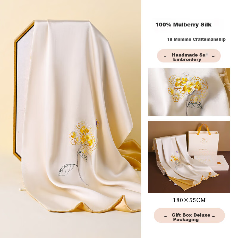 Hangsilk Road Pure Silk Mulberry Silk Scarf [Intangible Cultural Heritage Su Embroidery Pankou] Gift for Elders and Mothers Birthday Women's Day Gold Thread
