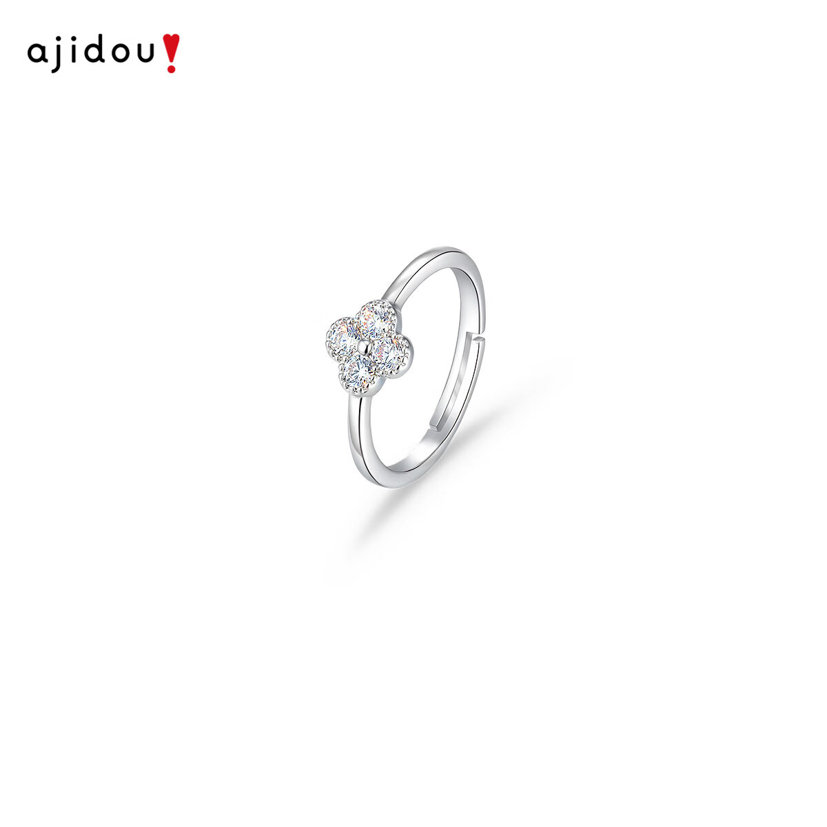 Aji Bean Women's Silver Four-Leaf Clover Design Light Luxury Minimalist Zircon Ring Adjustable Open Ring