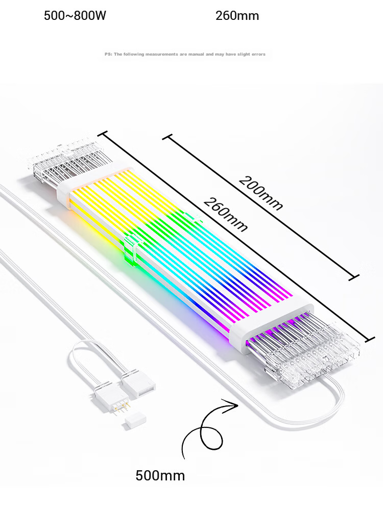 ZHENWEI 8Pin Neon Light Cable 6+2P GPU Power Extension ARGB Sync 360° Silicone Double-Sided Lighting 34cm Black 7