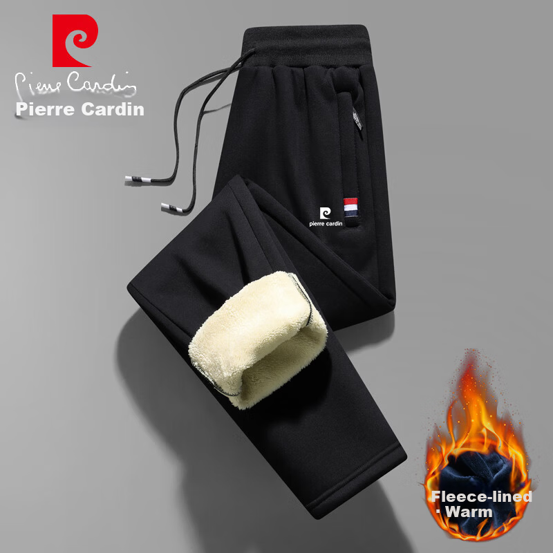 Pierre Cardin Men's Casual Pants Autumn Winter Solid Color Fleece Lined Warm Straight Leg Black 2XL