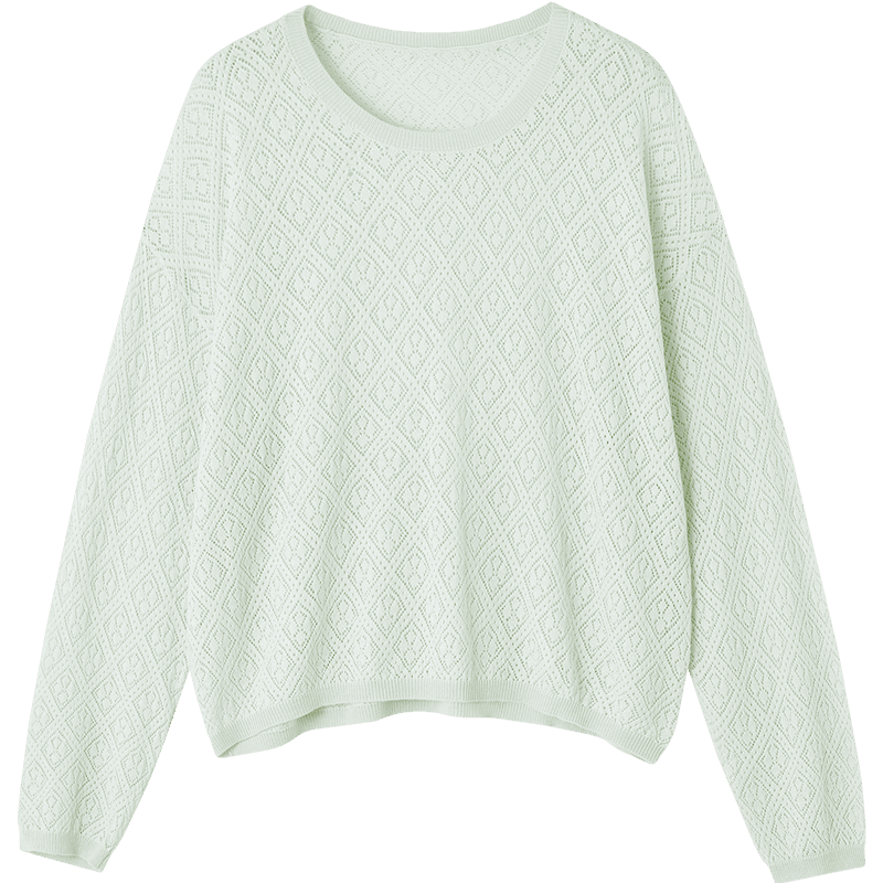 Demana Women's Spring Lazy Style Hollow Jacquard Knit Sweater with Mulberry Silk and Wool, Front Short Back Long