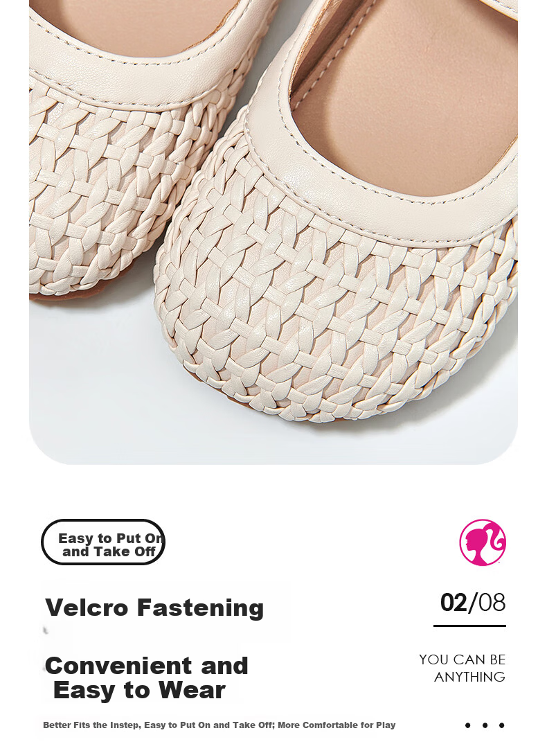 Barbie Children's Shoes Girls Spring Autumn Woven Leather Shoes Little Girls Fashion Closed-Toe Princess Shoes DA6916 Off-White Size 27 5
