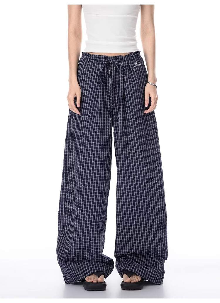 ICH MODE Women's American Style Plaid Summer Loose Wide-Leg Straight-Leg Sports Casual Pants Black XL 13